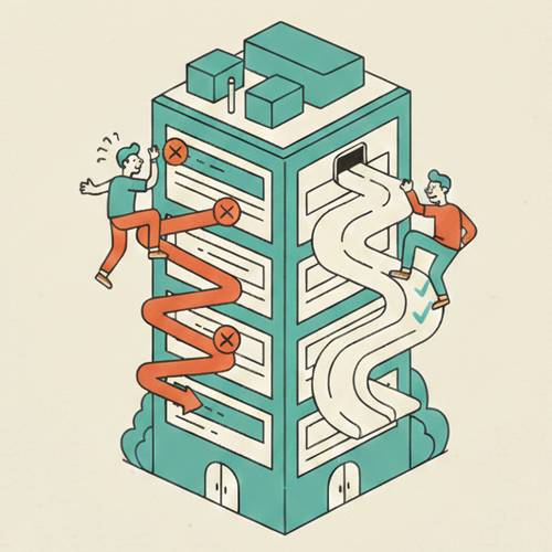 An retro illustration of a form-shaped building, showing one person struggling and one not