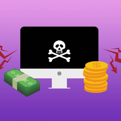 Illustration of a monitor with a skull and bones and stack of money notes and coins.