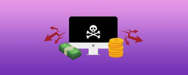 Illustration of a monitor with a skull and bones and stack of money notes and coins.