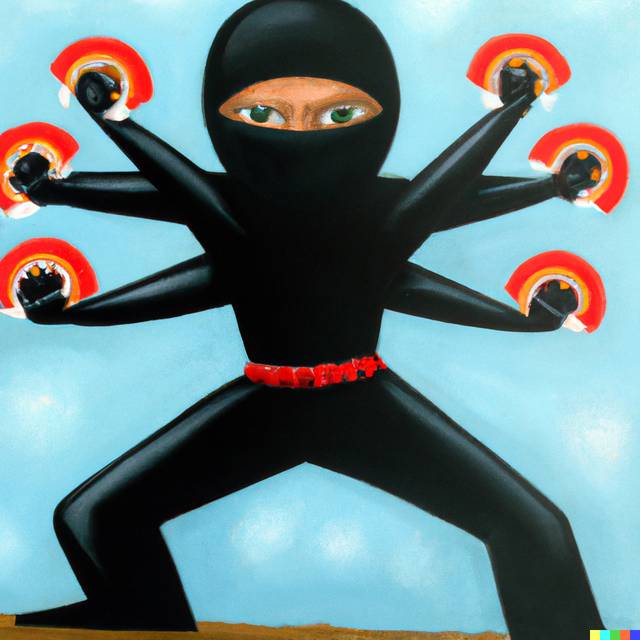 AI generated image of an oil painting showing a ninja with eight.
