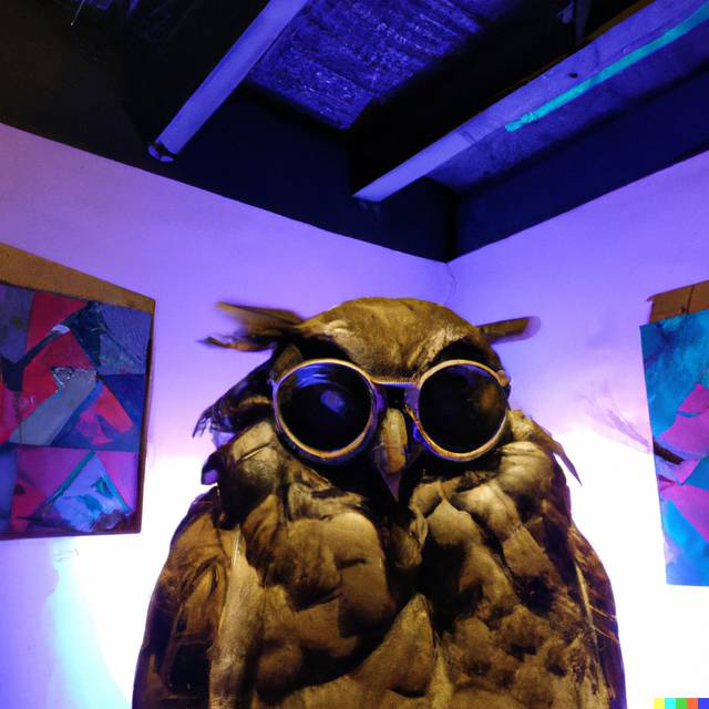 An AI created image of an owl with cool shades in an art gallery
