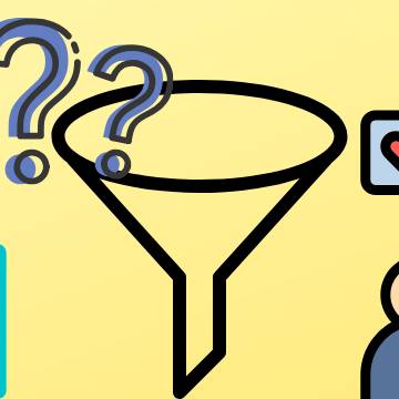 Illustration of charts, a funnel with question marks and people having conversations.