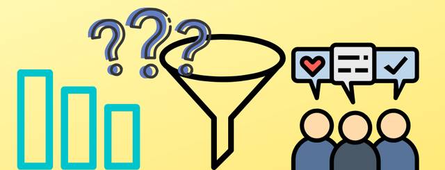 Illustration of charts, a funnel with question marks and people having conversations.