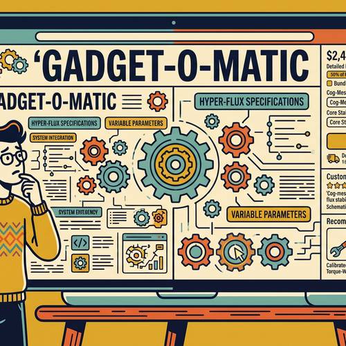 Illustration of a confused shopper facing a jargon-filled "Gadget-O-Matic" product page.