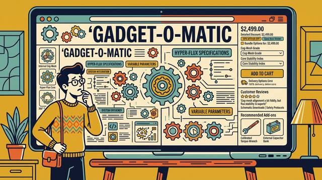 Illustration of a confused shopper facing a jargon-filled "Gadget-O-Matic" product page.