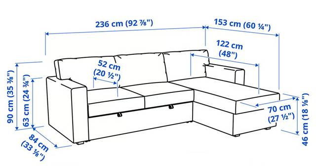 Diagram of an IKEA corner sofa bed with all key measurements — width, height, depth, and seat dimens