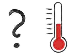 The image shows a black question mark on the left and a thermometer with a red section indicating a