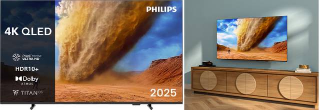 Philips 4K QLED TV shown as a product photo and mounted in a living room setting.