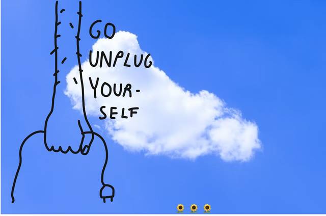 A line drawing of a hand with an unplugged extension cord over a photo of blue skies with one cloud.