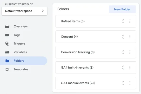 The folder page in the Google Tag Manager user interface, showing several folders.