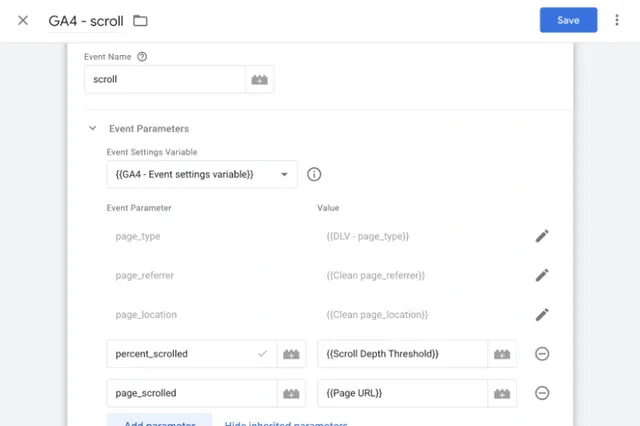The parameters of a GA4 event tag in Google Tag Manager