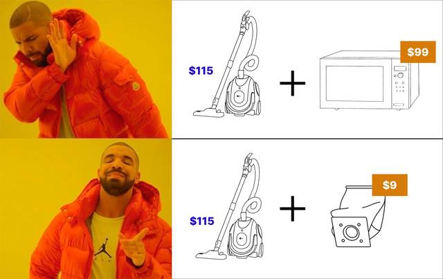 Drake meme rejecting vacuum+microwave upsell, approving vacuum+matching bag upsell.