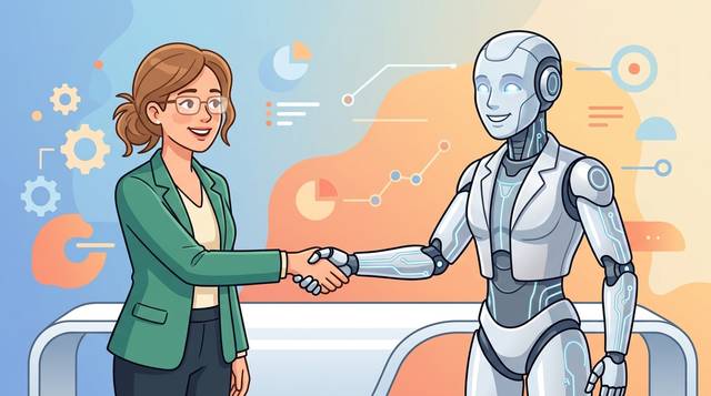 A woman shaking hands with a robot