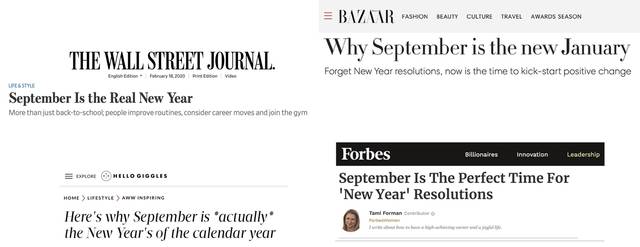 Different newspapers with the headlines "September is the new January".
