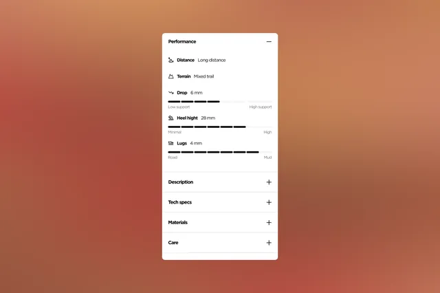 Product performance section showing specs like terrain and drop displayed with plain labels and visu